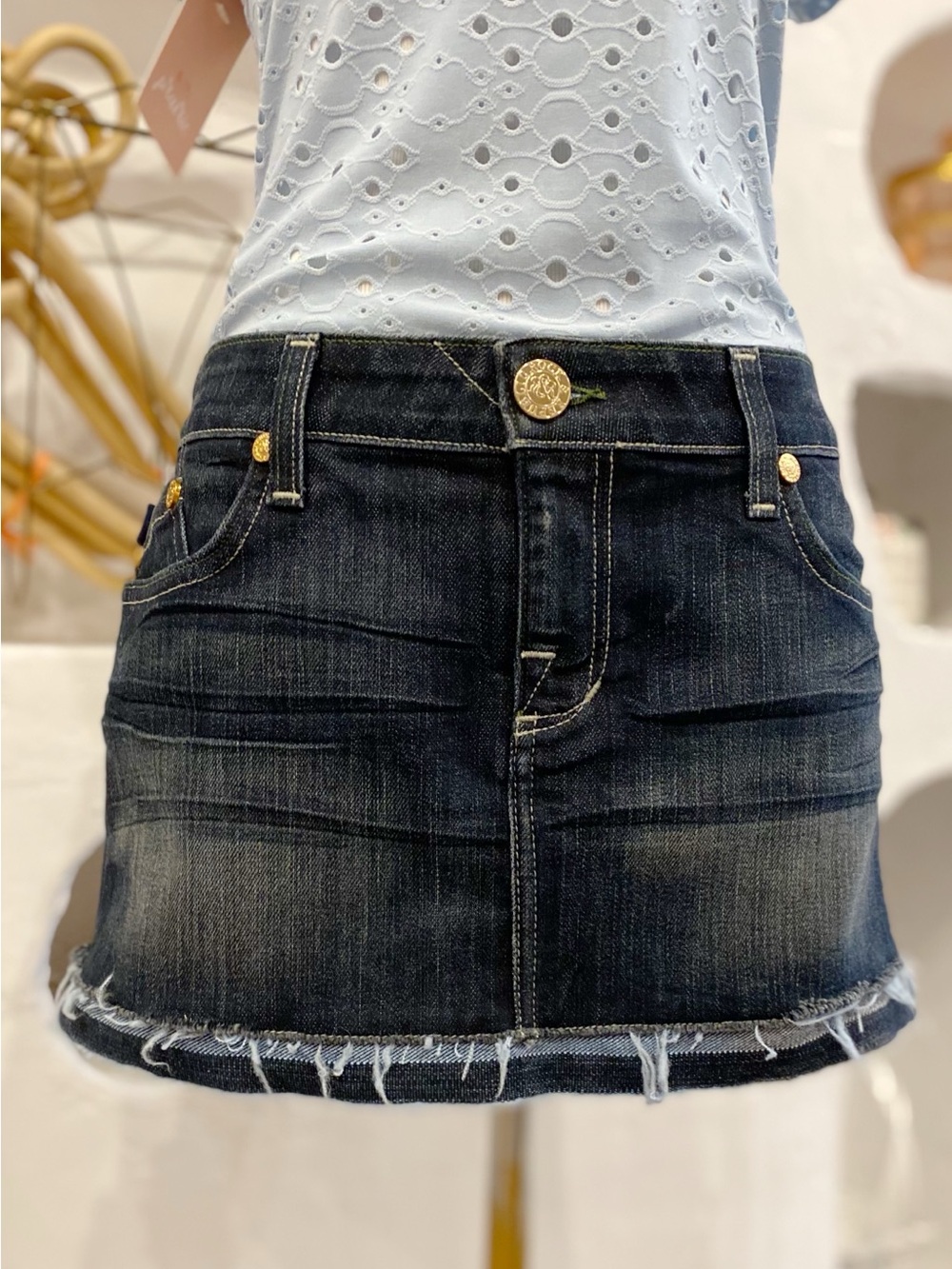 Y2K Vintage Dark Wash Rock & Republic Denim Mini Skirt with Distressed Hem